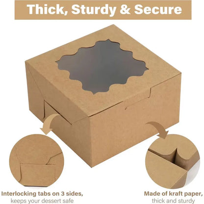 50/100Pcs Kraft Cake Boxes With Window, 4x4x2.5IN Dessert Pastry Macaron Bakery Boxes For Cake, Pastries, Chocolates, Biscuits