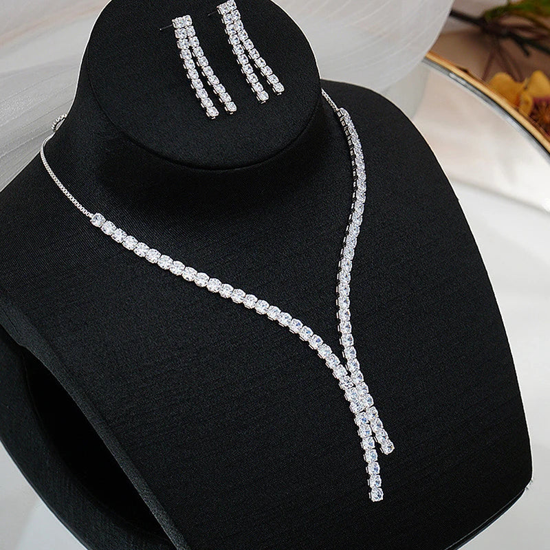 2Pcs/lot Simple Fashion Geometric Zircon Necklace Earrings Kit For Women Wedding Bride Jewelry Set Accessories Gift