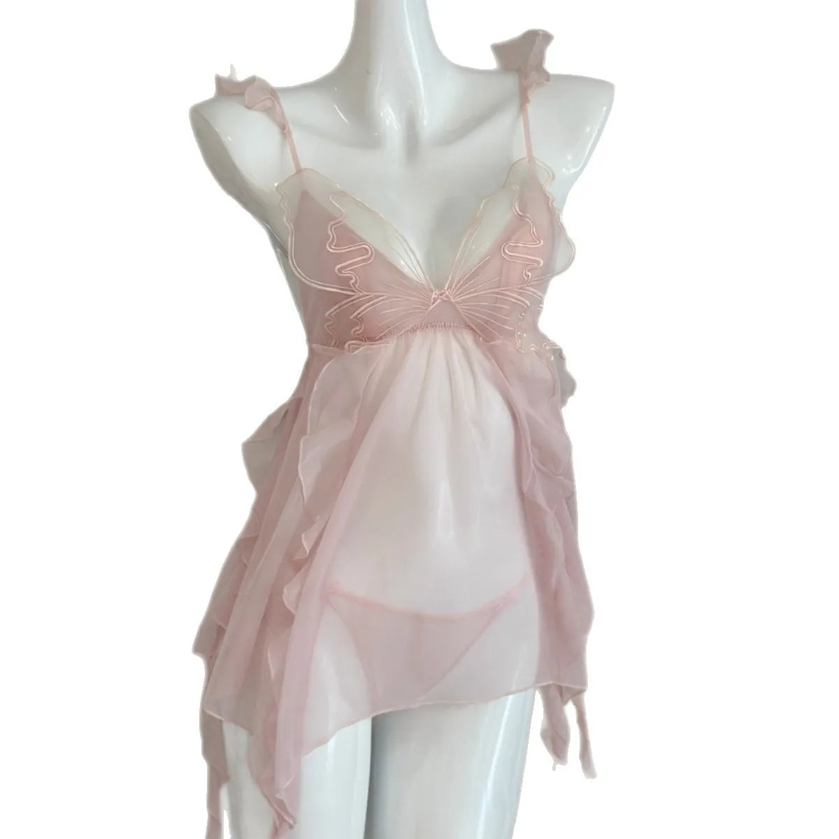 Pure Desire Butterfly Strap Lace Nightgown Breathable Mesh Sleepwear Sweet Tulle Date Night Sleep Suit Comfortable V-neck Sho...