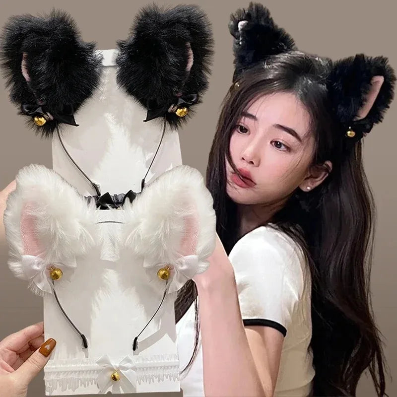 Sexy Cat Ear Bow Headband Necklace Plush Bell Hairband Girl Hairhoop Headwear Costume Accessory for Cosplay Masquerade