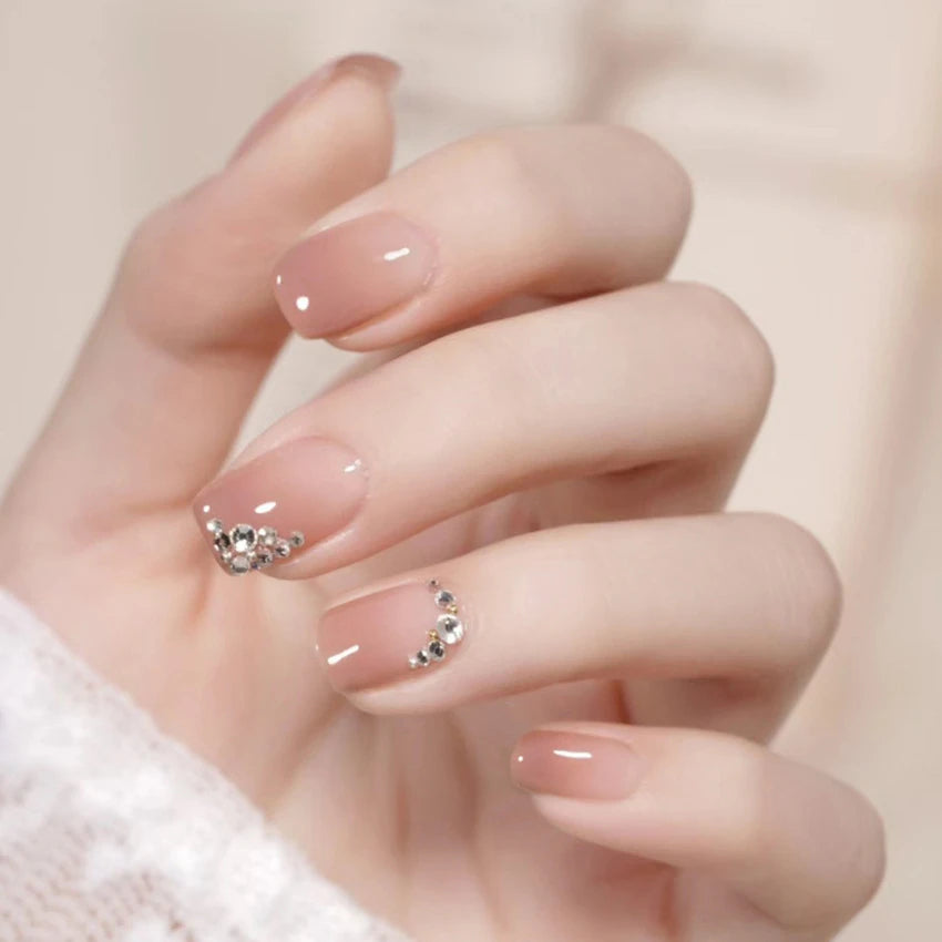 24Pcs/Set Pink Bow French Fake Nails Art Cute with Diamonds Girls Reusable Ballet Press on Nail Tips Oval Acrylic Stick on Nails