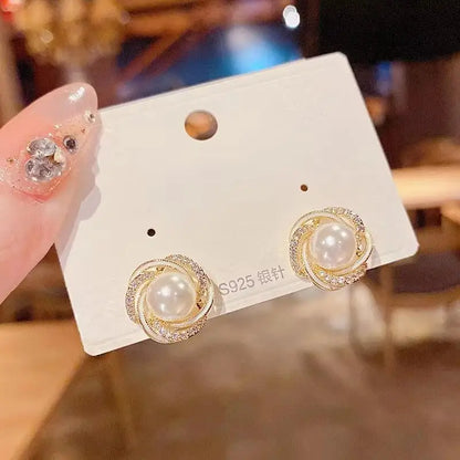 925 Silver Needle Korean Fashion Pearl Stud Earrings For Women Jewelry 2026 Trending New Vintage French Women's Crystal Earrings