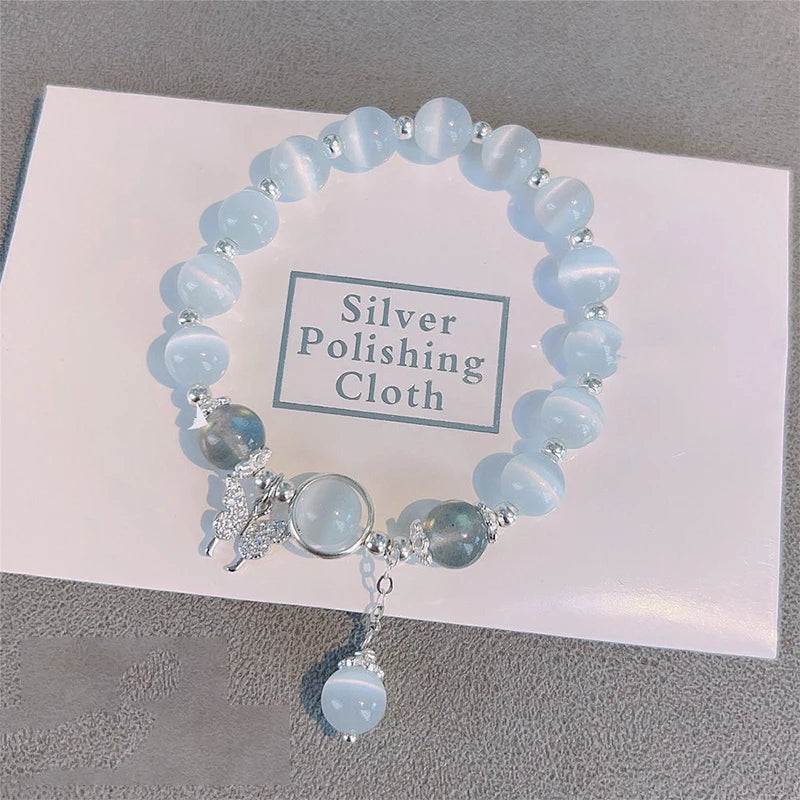 Korean Fashion Imitation Opal Bracelet Simple Ins Moonstone Crystal Bead Butterfly Pendant Bracelet Jewelry Gifts