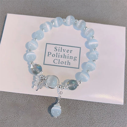 Korean Fashion Imitation Opal Bracelet Simple Ins Moonstone Crystal Bead Butterfly Pendant Bracelet Jewelry Gifts