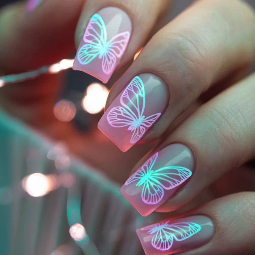 24pcs Golden Stripe Press on Nails Shiny Powder Love Design Long Square False Nails Wearable Full Cover Nail Tips Blue Fake Nail