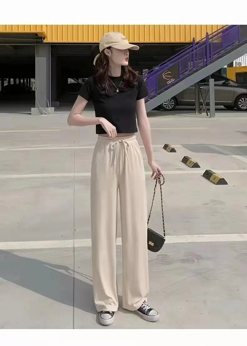 Spring Summer Ice Silk Fitness Wide Leg Pleated Straight Pants Women High Elastic Drawstring Solid Full Trousers JYZZ-AL5718
