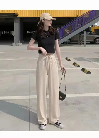 Spring Summer Ice Silk Fitness Wide Leg Pleated Straight Pants Women High Elastic Drawstring Solid Full Trousers JYZZ-AL5718
