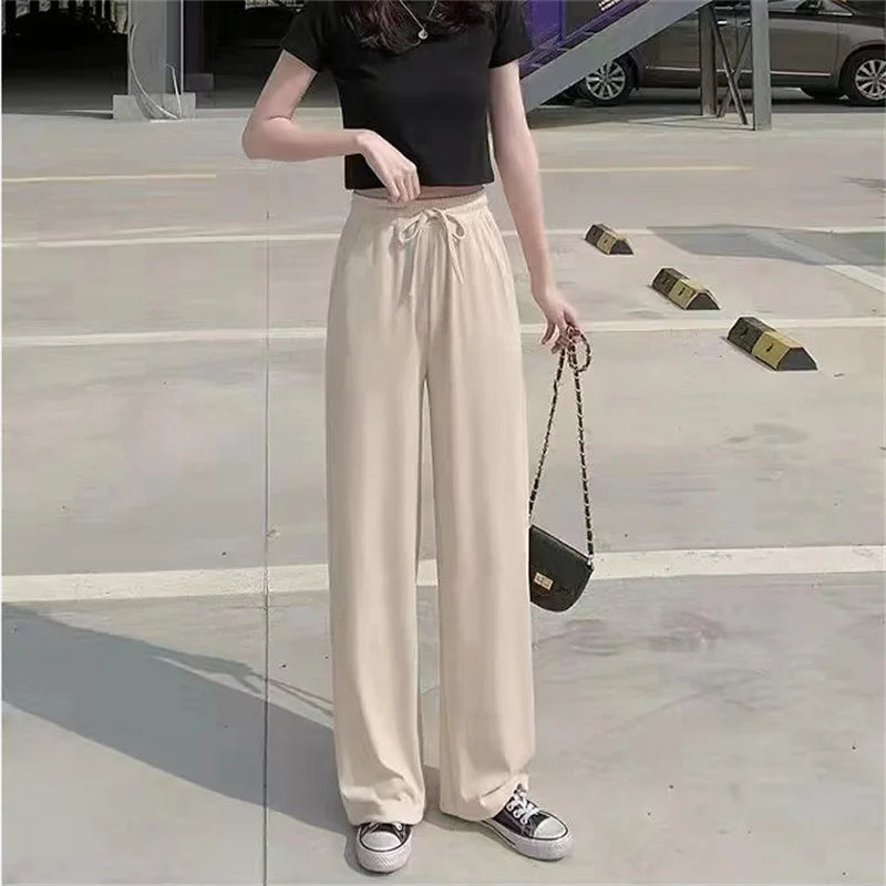 Spring Summer Ice Silk Fitness Wide Leg Pleated Straight Pants Women High Elastic Drawstring Solid Full Trousers JYZZ-AL5718
