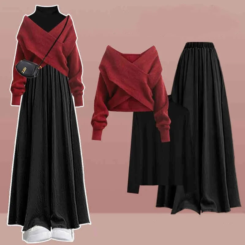 Women's 2025 Autumn/Winter New Fashion In Matching Set Korean Elegant Knitted Sweater+Undershirt+Casual Skirt Pants 3-Piece Suit