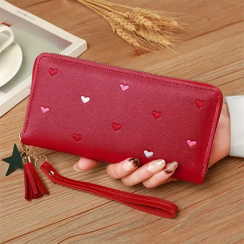 New Long Short Wallet Women's Fashion Credit Card Bag Purse Zipper Handbag Embroidered Heart Mobile Phone Money Coin Bag Case