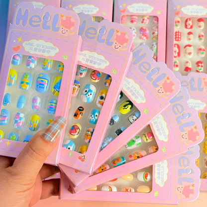 24PC/Box Children's Press On Nails With Jelly Glue Girl's Colorful Cartoon Full Cover Bear Bunny Cat Pattern Fake Nail FalseNail