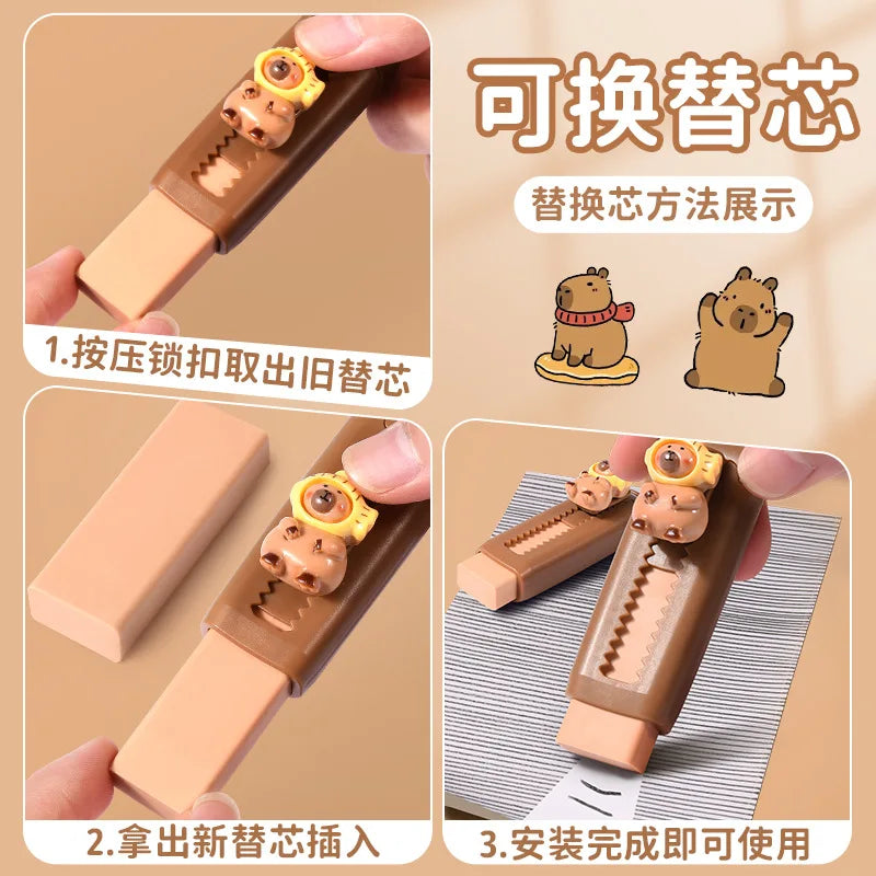 Kawai Stationery Capibara Eraser for Primary School Students Special Chip Free Clean Correction Push Pull Office School Supplies