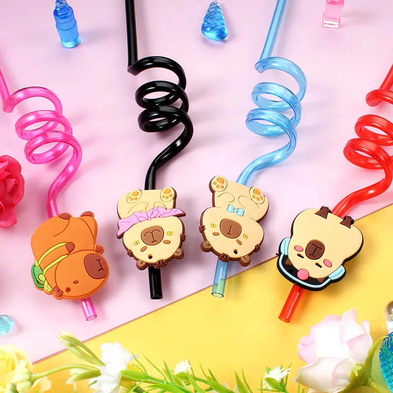 12pcs Cartoon Capybara Reusable Straws Durable PET Plastic,  Fun Animal Designs for Kids Parties, Birthdays, Home Decor Supplies