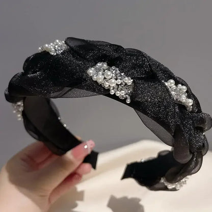 Korean Double Pearl Rhinestone Headband Lace Braided Hairband Hair Hoop Bezel Crystal Headbands For Women Girl Hair Accessories