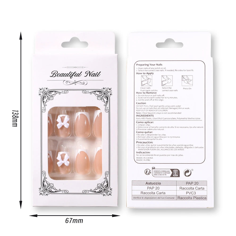24Pcs White French Square Press on Nails with 3D Bowknot Full Cover Short False Nail Wearable Fake Fingertip for Women&Girls DIY
