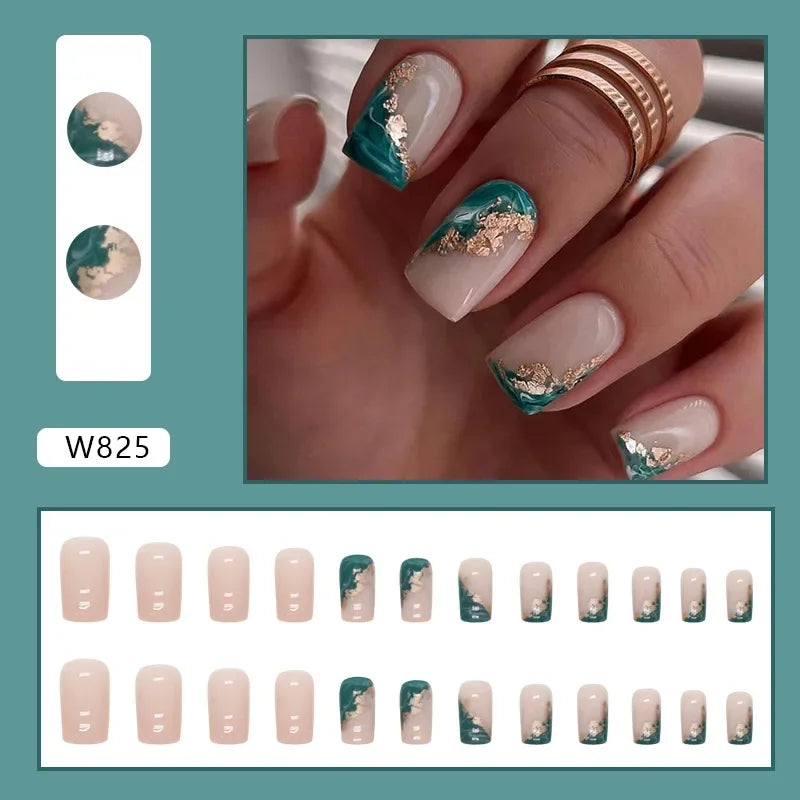 Fresh Green Tea 24 Pcs Fake Nail with Jelly sticker Press on False Nails Wearable Round Head Oval Full Cover Nail Tips