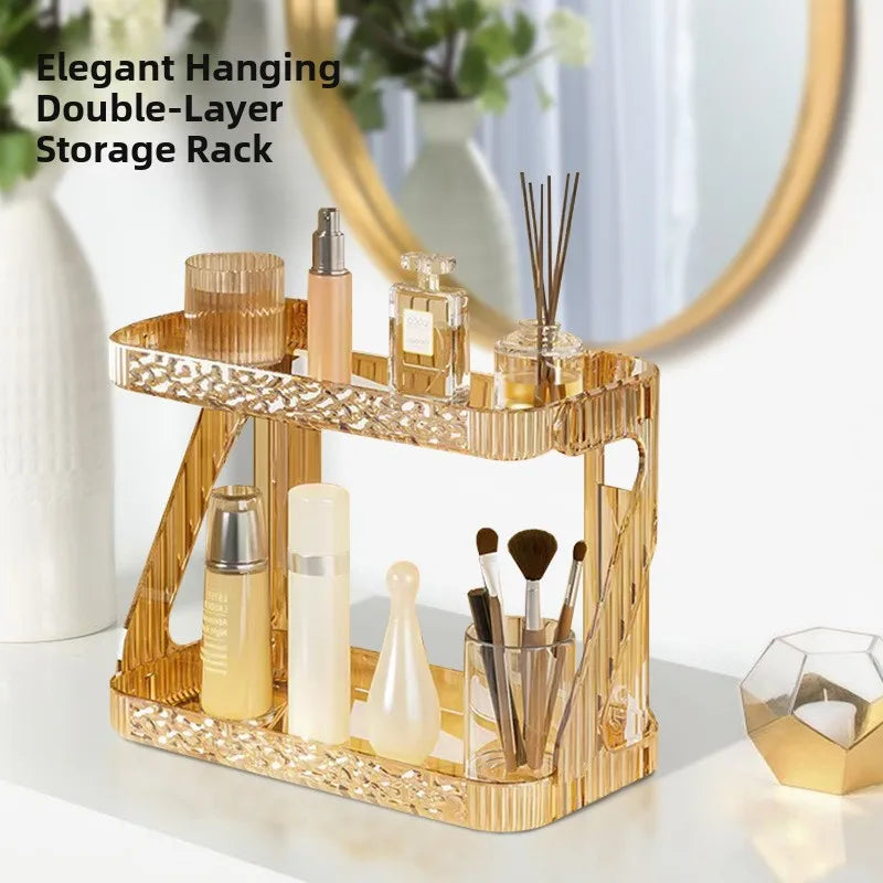 Gold Luxury Double Layer Bathroom Kitchen Vanity Cosmetic Transparent Storage Rack No Drilling Required Modern Minimalist Design