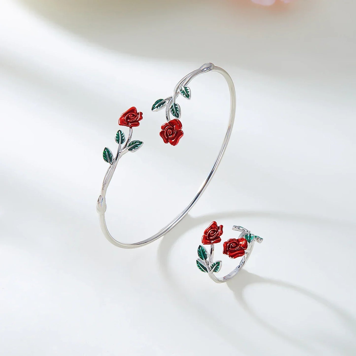 Vintage Charm Red Rose Flower Bracelet Ring Set For Women Vintage Open Adjustable Cuff Bangle Finger Ring Party Wedding Jewelry