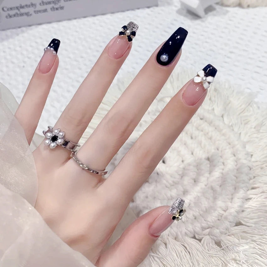24Pcs/Set Pink Bow French Fake Nails Art Cute with Diamonds Girls Reusable Ballet Press on Nail Tips Oval Acrylic Stick on Nails