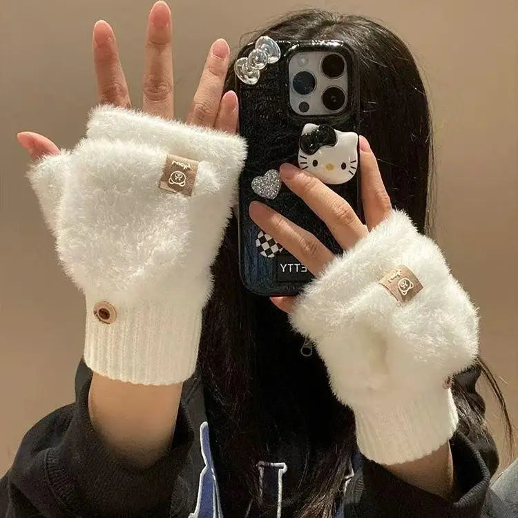 Winter Soft Fleece Half Finger Gloves Plush Knitted Fingerless Gloves Fuzzy Flexible flip Wrist Mittens Student Writting Gloves