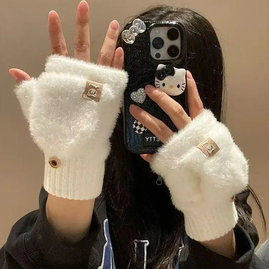 Winter Soft Fleece Half Finger Gloves Plush Knitted Fingerless Gloves Fuzzy Flexible flip Wrist Mittens Student Writting Gloves