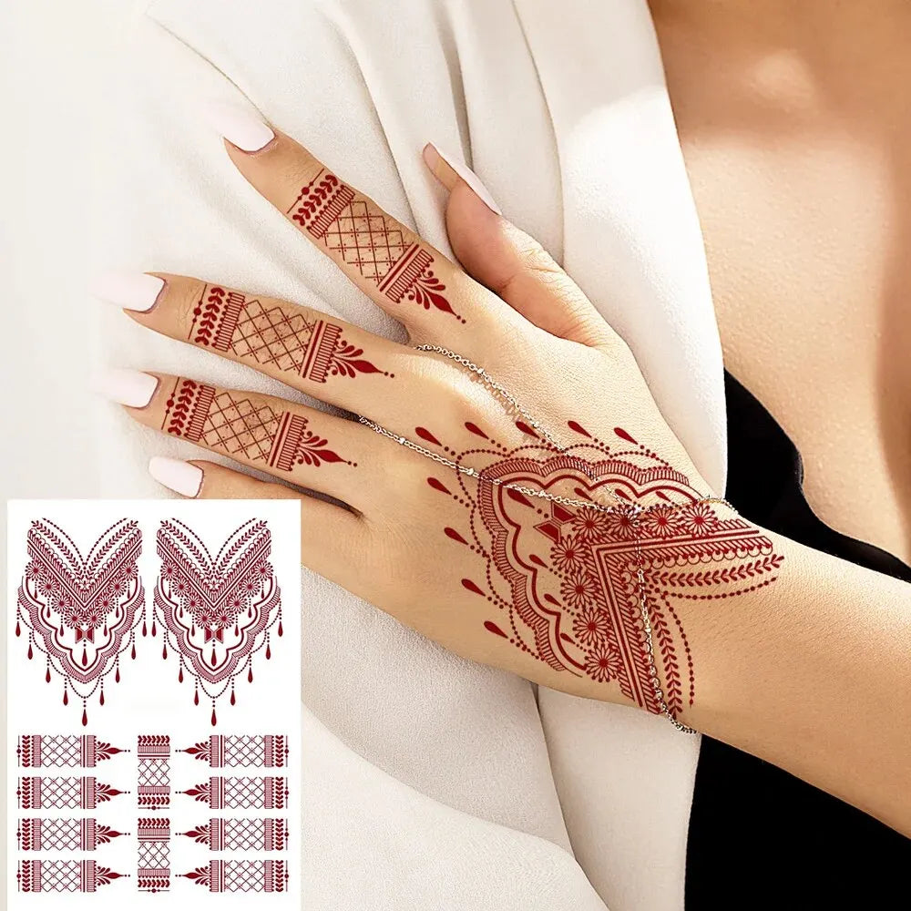 Waterproof Henna Tattoo Stickers for Women Flower Instant Fake Tattoo for Hand Temporary Tattoos for Wedding Party Festival