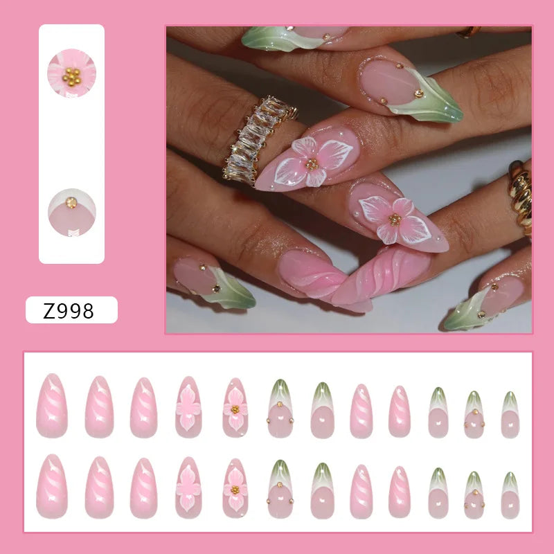 Caramel Flower 24 Pcs Press on Nails Pink Gradient Fake Nails Glossy Artificial Finger Manicure Reusable False Nails for Women