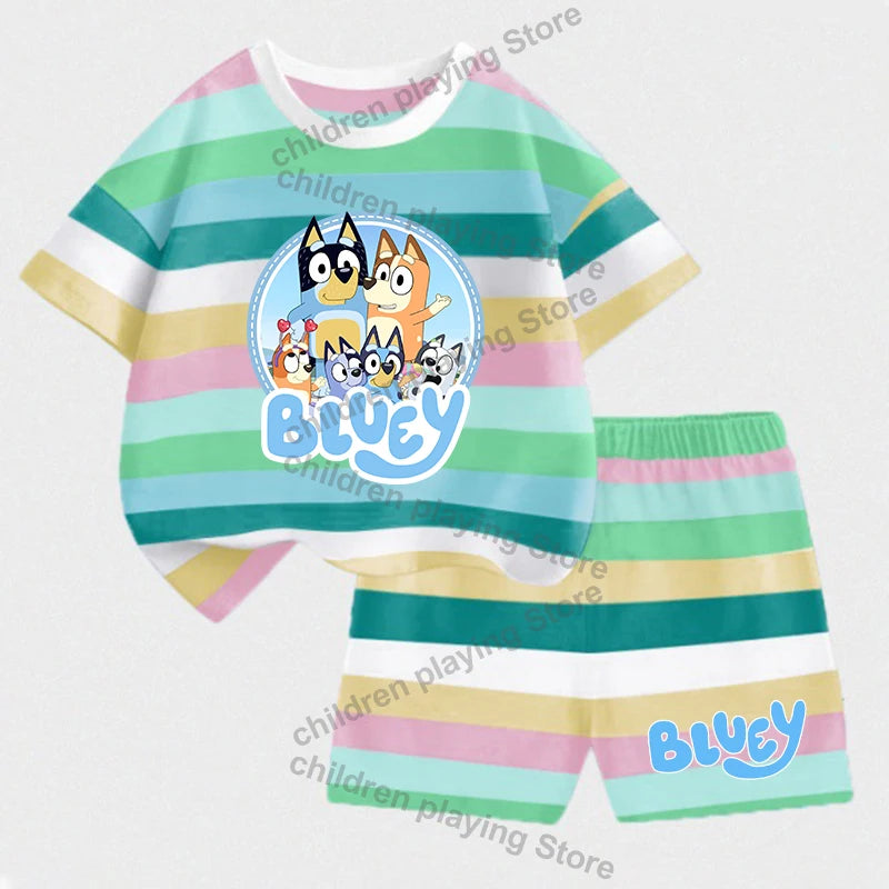 Blueyi Series Child Stripes Sets Summer Girls Boys T-Shirt Shorts Suits Cartoon Bingo Casual Sport Clothes Kids Sleepwear Gifts