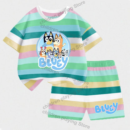 Blueyi Series Child Stripes Sets Summer Girls Boys T-Shirt Shorts Suits Cartoon Bingo Casual Sport Clothes Kids Sleepwear Gifts