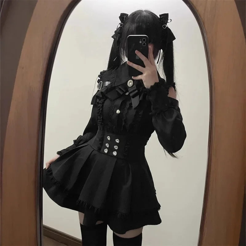 Women‘s Lolita Set Dark Femme Mesh Top & Waist Cinching Skirt, 2025 Autumn Japanese Street Style Coord for Gothic Baddie Fashion