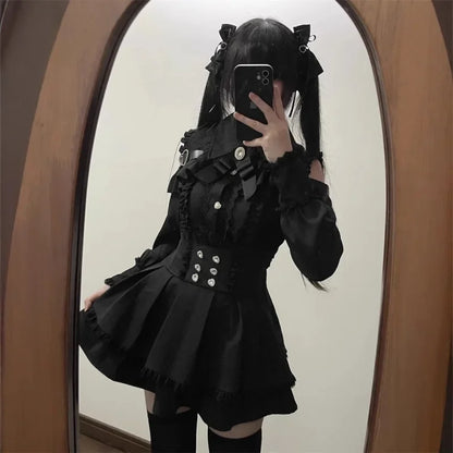Women‘s Lolita Set Dark Femme Mesh Top & Waist Cinching Skirt, 2025 Autumn Japanese Street Style Coord for Gothic Baddie Fashion