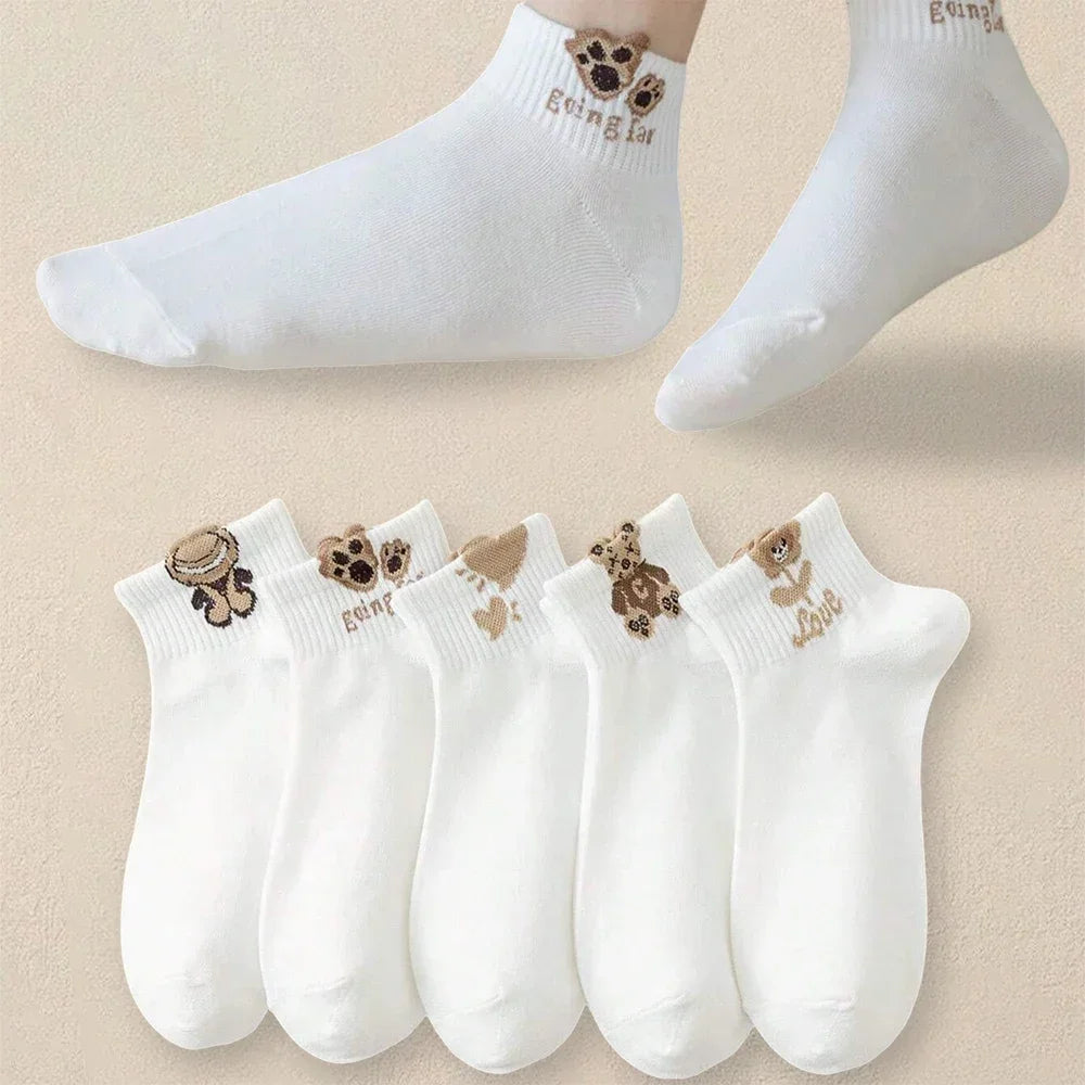 5 Pairs Women Cartoon Teddy Bear Patterned Ankle Socks Versatile Fashionable Creative Breathable Comfortable Casual Socks