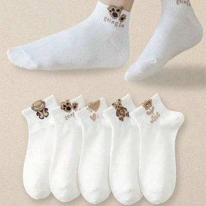 5 Pairs Women Cartoon Teddy Bear Patterned Ankle Socks Versatile Fashionable Creative Breathable Comfortable Casual Socks