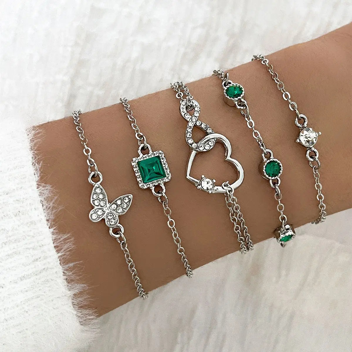 New Luxurious Geometry Square Green Crystal Bracelets Women Fashion Exquisite Butterfly Love Heart Metal Bracelets Set Jewelry