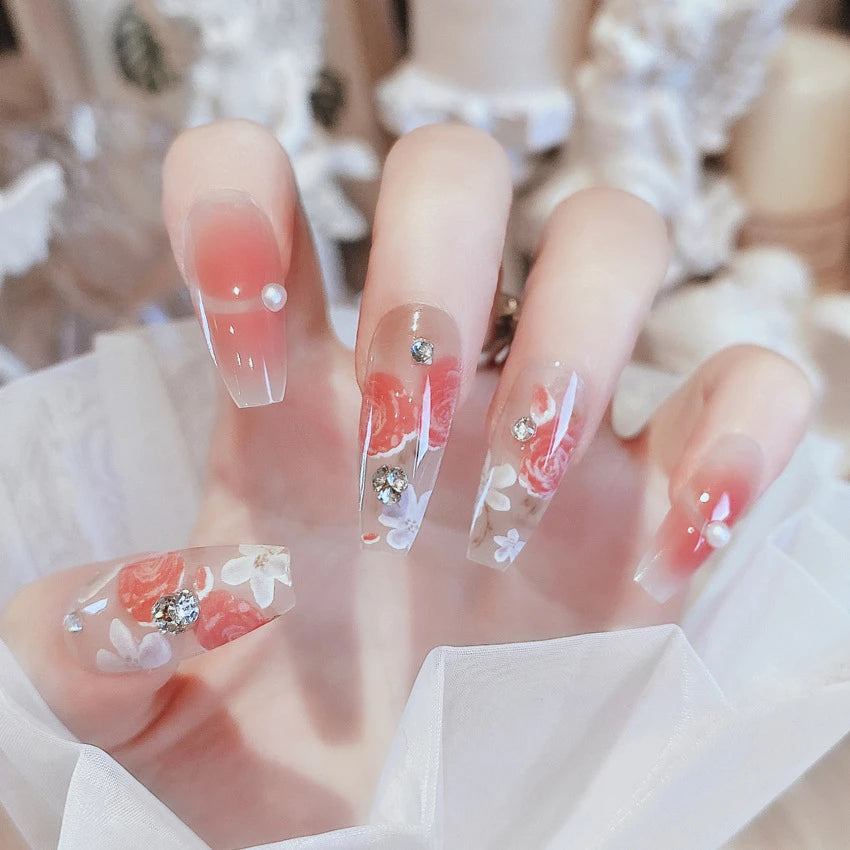 24Pcs/Set Pink Bow French Fake Nails Art Cute with Diamonds Girls Reusable Ballet Press on Nail Tips Oval Acrylic Stick on Nails