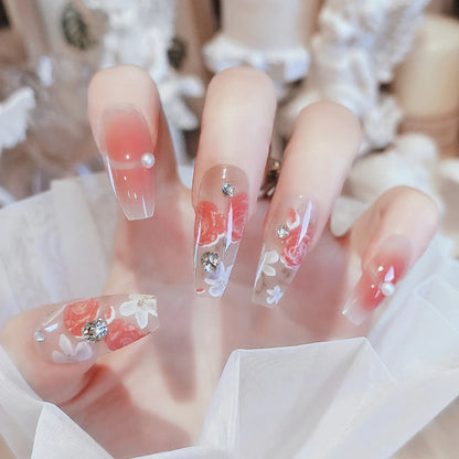 24Pcs/Set Pink Bow French Fake Nails Art Cute with Diamonds Girls Reusable Ballet Press on Nail Tips Oval Acrylic Stick on Nails