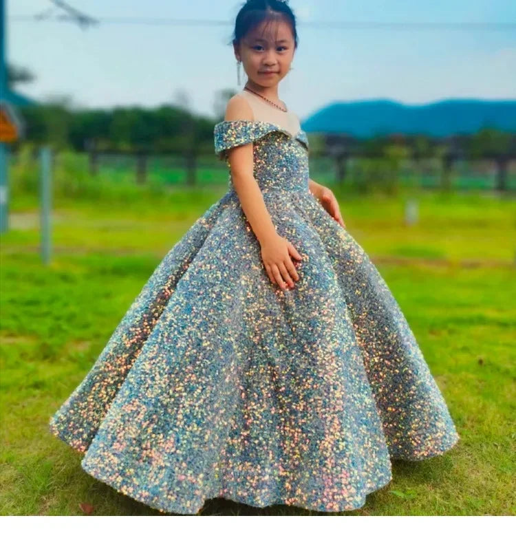 Children's Catwalk Dress Princess Dress New Fluffy Yarn Foreign Style Little Host Piano Performance Sequined Children's Dress