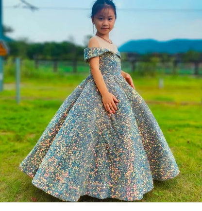 Children's Catwalk Dress Princess Dress New Fluffy Yarn Foreign Style Little Host Piano Performance Sequined Children's Dress