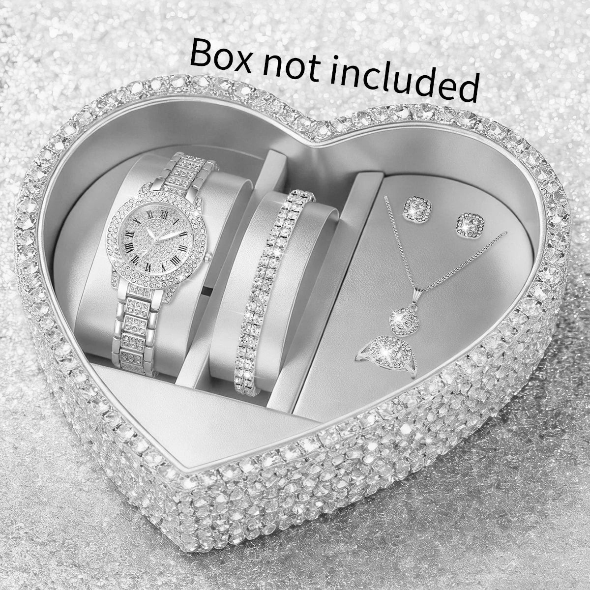 6PCS Fashion Roma Dial Women Quartz Watch Diamond Jewelry Set Elegant Rhinestone Ladies Wristwatches Girls Gift (Without Box)