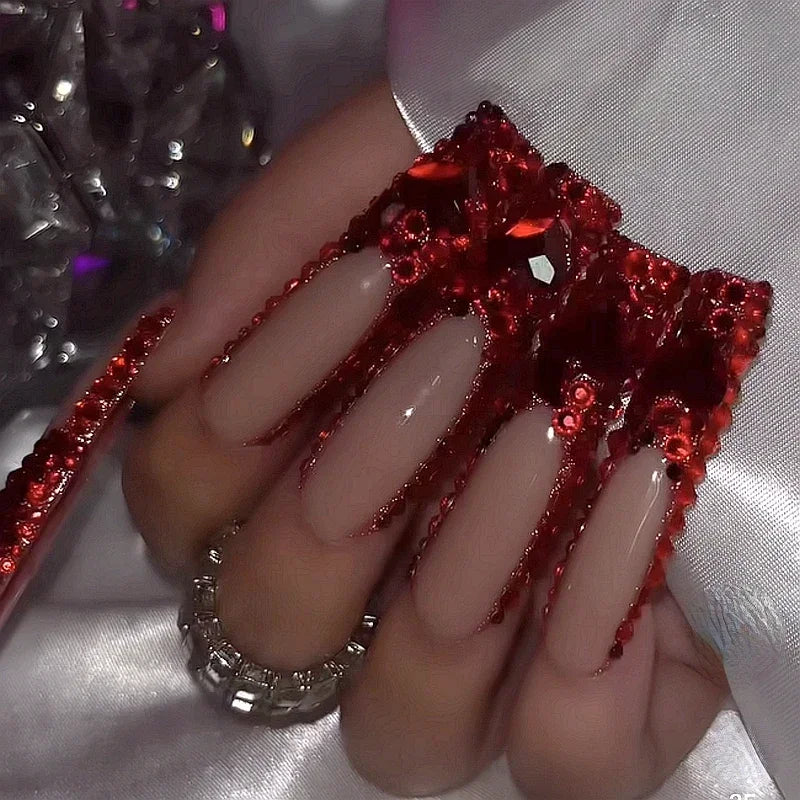 Customized Bling Rhinestone XXXL Press On Nails Handmade Luxury 5CM Long Coffin Stiletto False Nail Tip Reusable Fake Nail Party