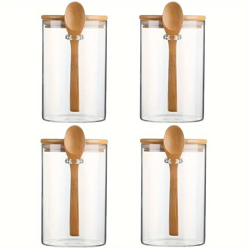 4pcs Set Glass Sealed Jars with Spoons & Bamboo Lids - Leakproof Kitchen Storage for Grains, Tea, Coffee Beans & Spices