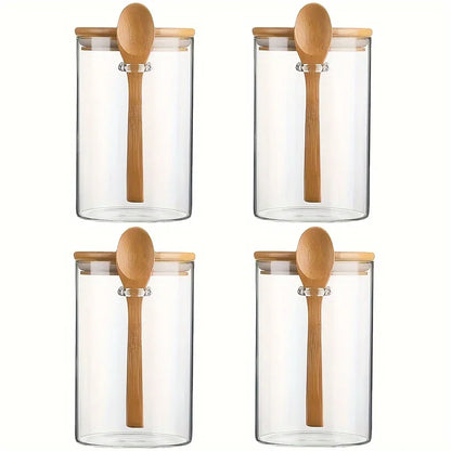 4pcs Set Glass Sealed Jars with Spoons & Bamboo Lids - Leakproof Kitchen Storage for Grains, Tea, Coffee Beans & Spices