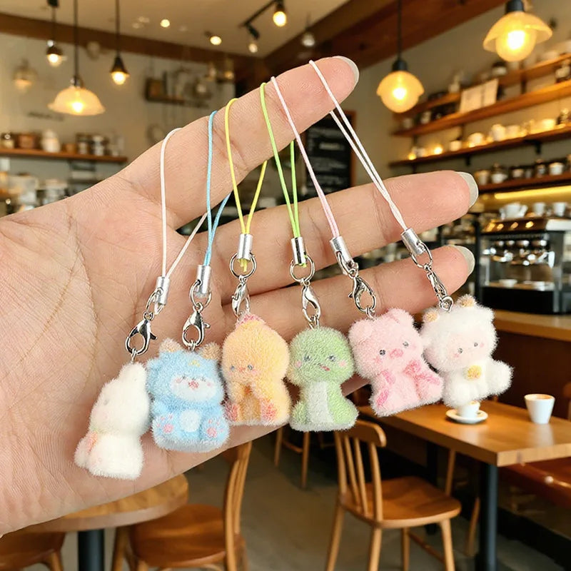 Cute Plush 3D Cat Keychain Creative Flocking Animal Pendant Bag Phone Lanyard Hanging Keycord Charm Keychain DIY Accessories
