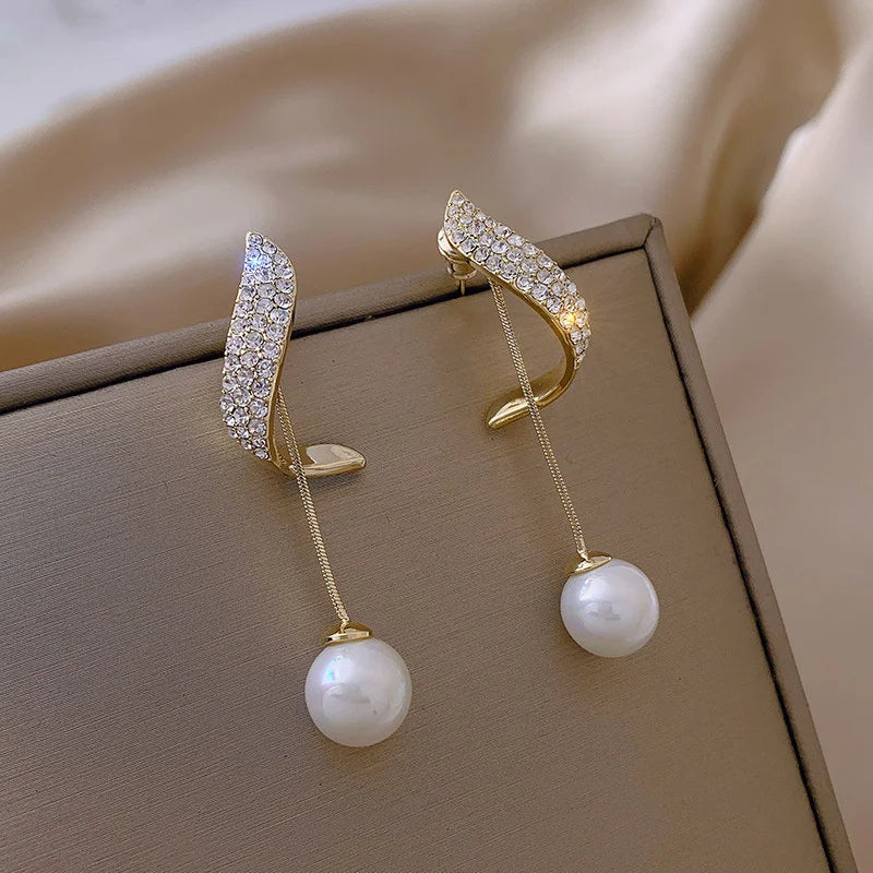 1Pair Korean Style Long Imitation Pearl Tassel Dangle Earrings For Women Trendy Full Crystal Fringe Drop Earring Vintage Jewelry