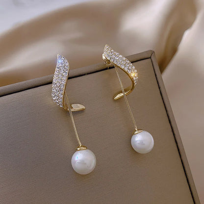 1Pair Korean Style Long Imitation Pearl Tassel Dangle Earrings For Women Trendy Full Crystal Fringe Drop Earring Vintage Jewelry
