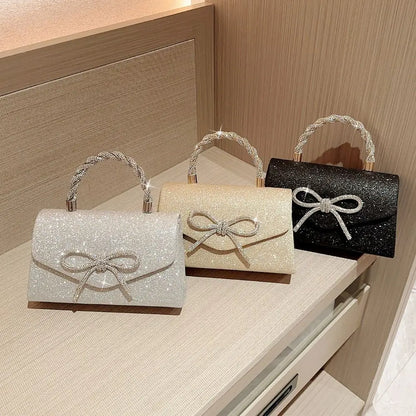 Fashion Rhinestone Bowknot Evening Bag Glitter Gold Silver Bow Chain Bag Clutch Bag for Women Female
