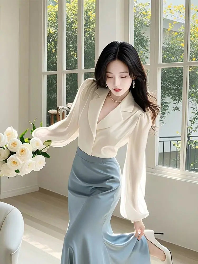 New High End Fashion Two Piece Set Women Elegant Satin Lapel Puff Long Sleeve Shirt + High Waist A-line Skirt Office Lady Suit