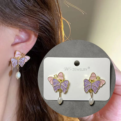 925 Silver Needle Purple Butterfly Long Tassel Earrings For Women Jewelry 2026 Trending Korean Fashion Luxury Crystal Earrings