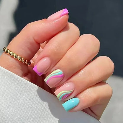 24Pcs Press on Fake Nails Short Medium French Acrylic Full Cover False Nail With Glue Kit Mini File Manicure for Women and Girls