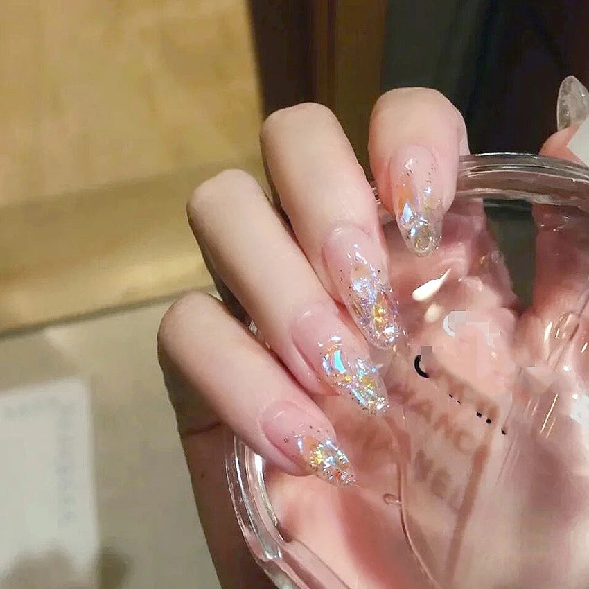 24Pcs/Set Pink Bow French Fake Nails Art Cute with Diamonds Girls Reusable Ballet Press on Nail Tips Oval Acrylic Stick on Nails